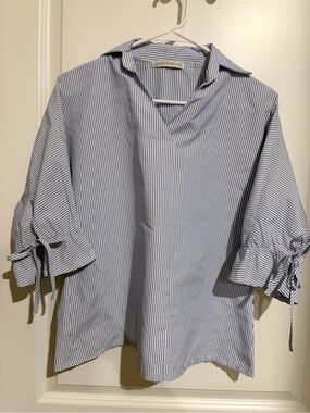 Miss Sparkling Blue & White Pinstripe V-Neck Blouse